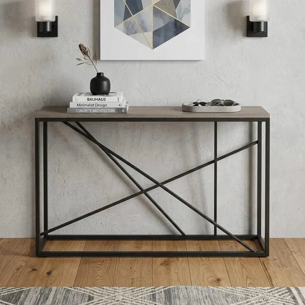 52" Taupe and Gray Faux Stone Frame Console Table Homeroots Living Room