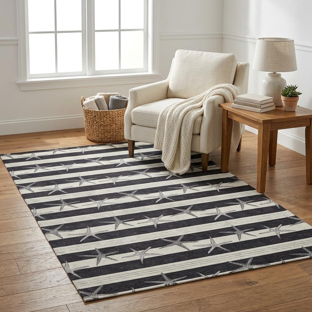 5' X 8' Midnight And Ivory Animal Print Shag Washable Area Rug With UV Protection - Home & Garden