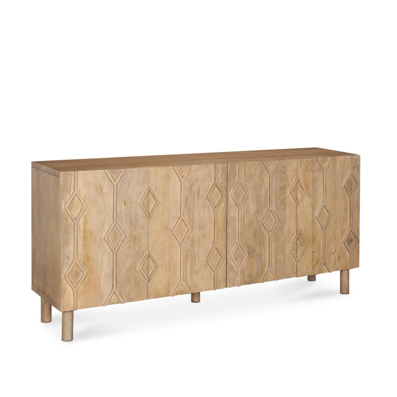 71" Light Brown Solid Wood Carved Geometric Sideboard Soft Close with Four Doors - Kitchen & Dining