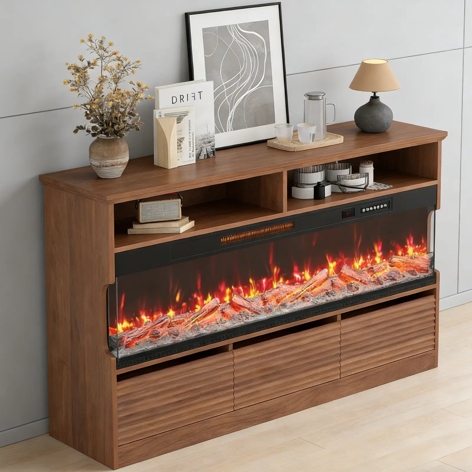 53" Brown Wood Fireplace Entertainment Center With Fireplace Homeroots Living Room