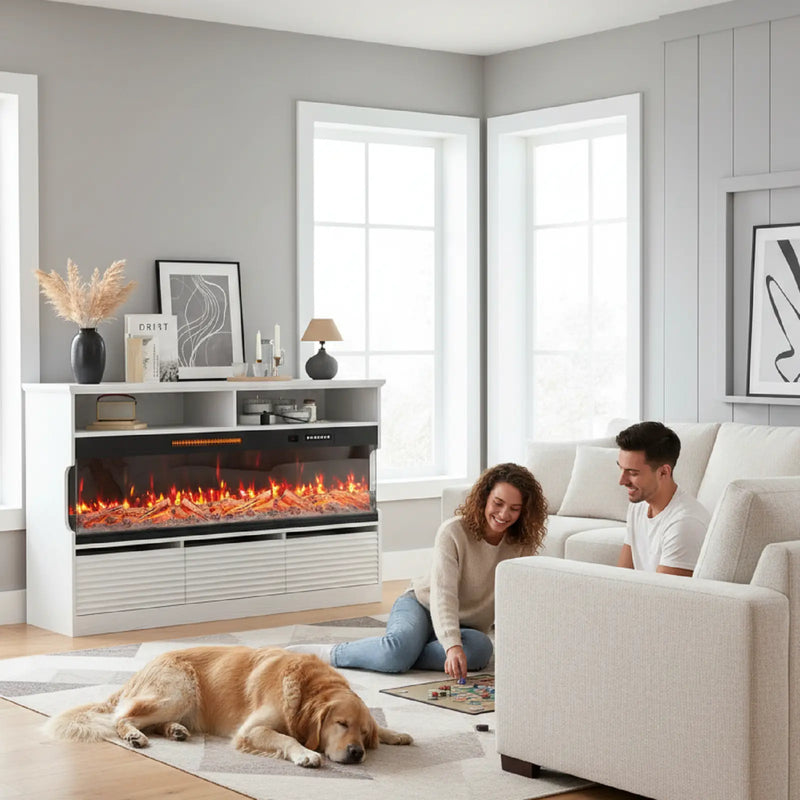 53" White Wood Fireplace Entertainment Center With Fireplace Homeroots Living Room