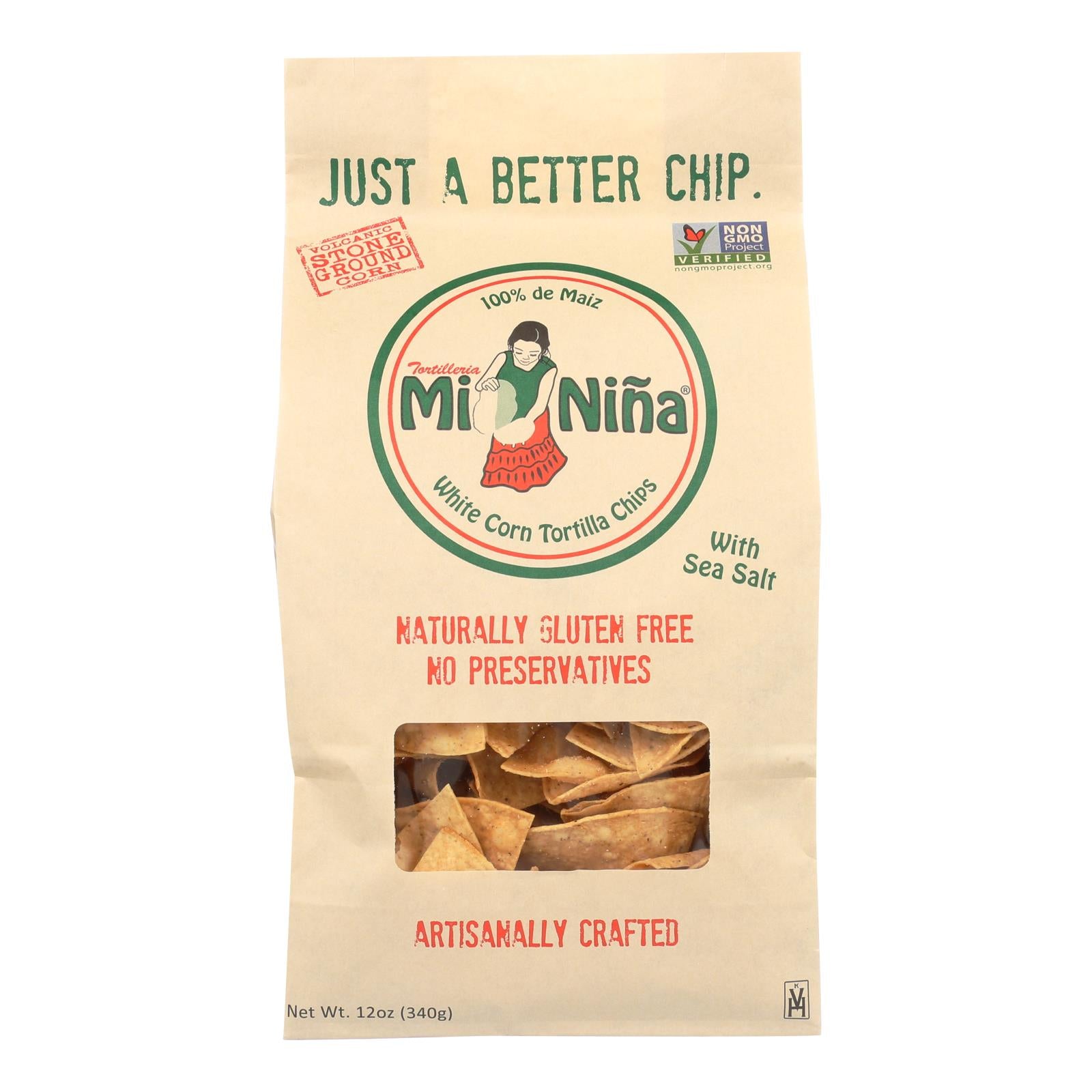 Mi Nina's White Corn Tortilla Chips With Sea Salt  - Case Of 9 - 12 Oz - GreatEagleInc