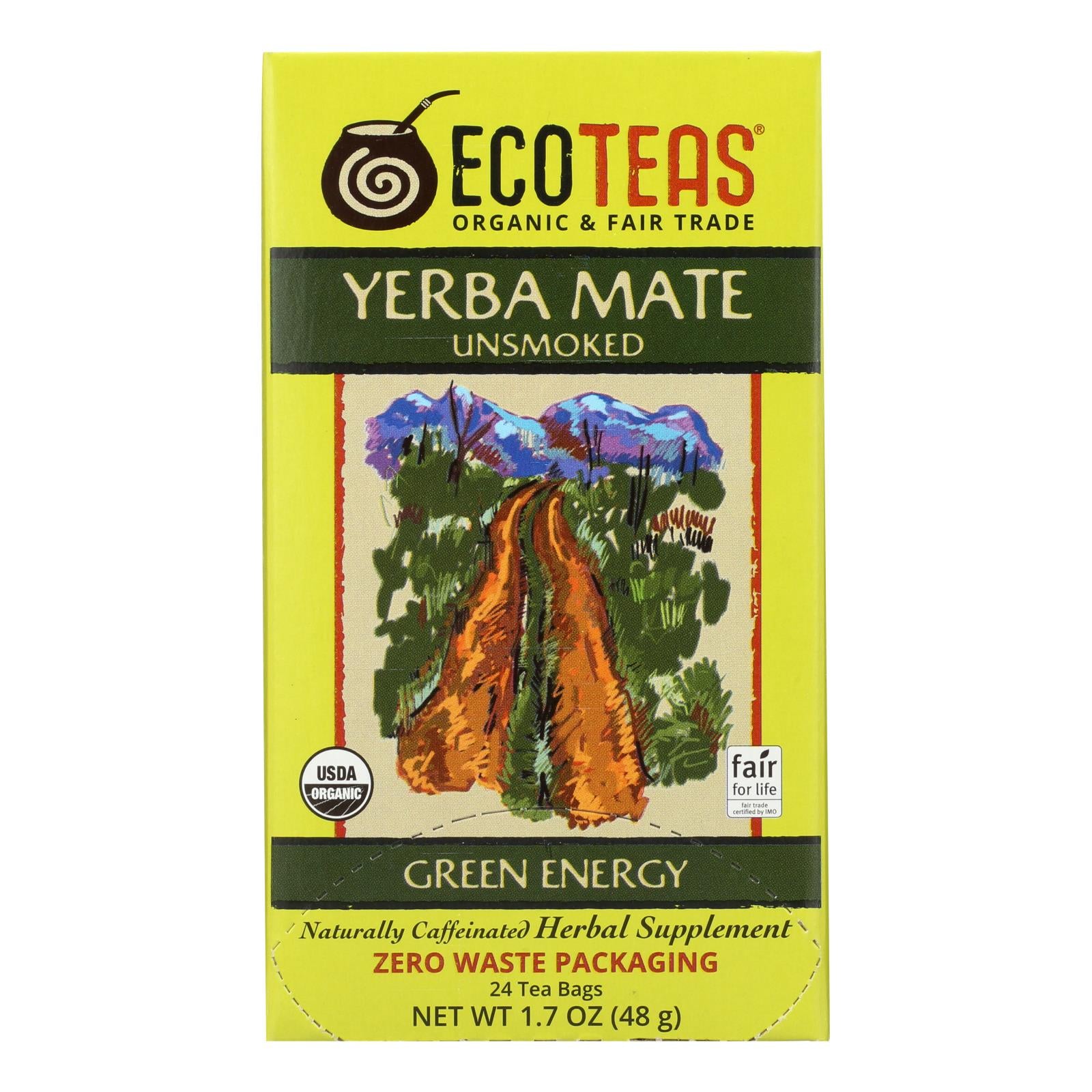 Ecoteas Organic Yerba Mate Unsmoked Green Energy Tea Bags - Case Of 6 - 24 Bags - GreatEagleInc
