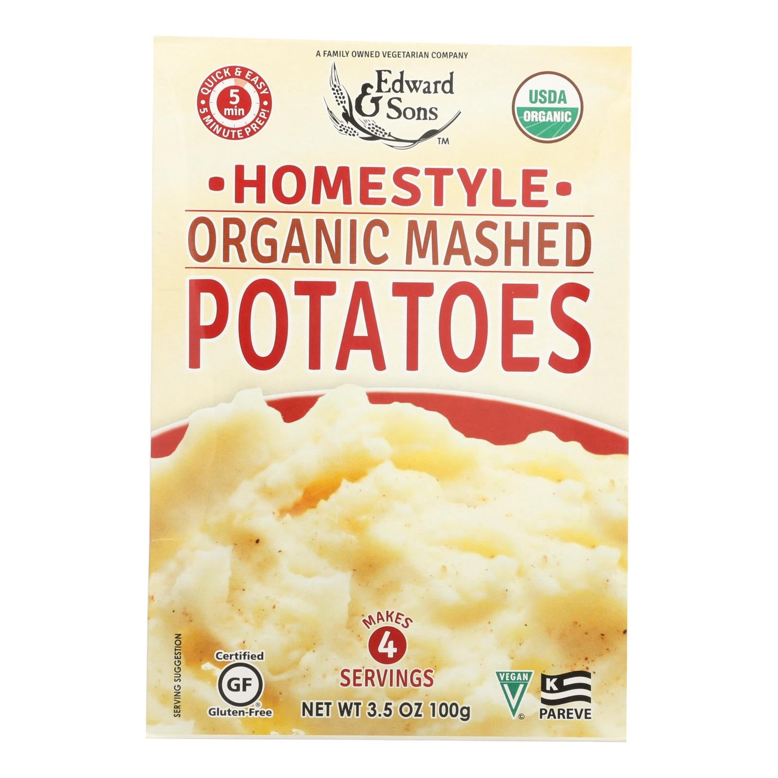 Edward And Sons Organic Mashed Potatoes - Home Style - Case Of 6 - 3.5 Oz. - GreatEagleInc