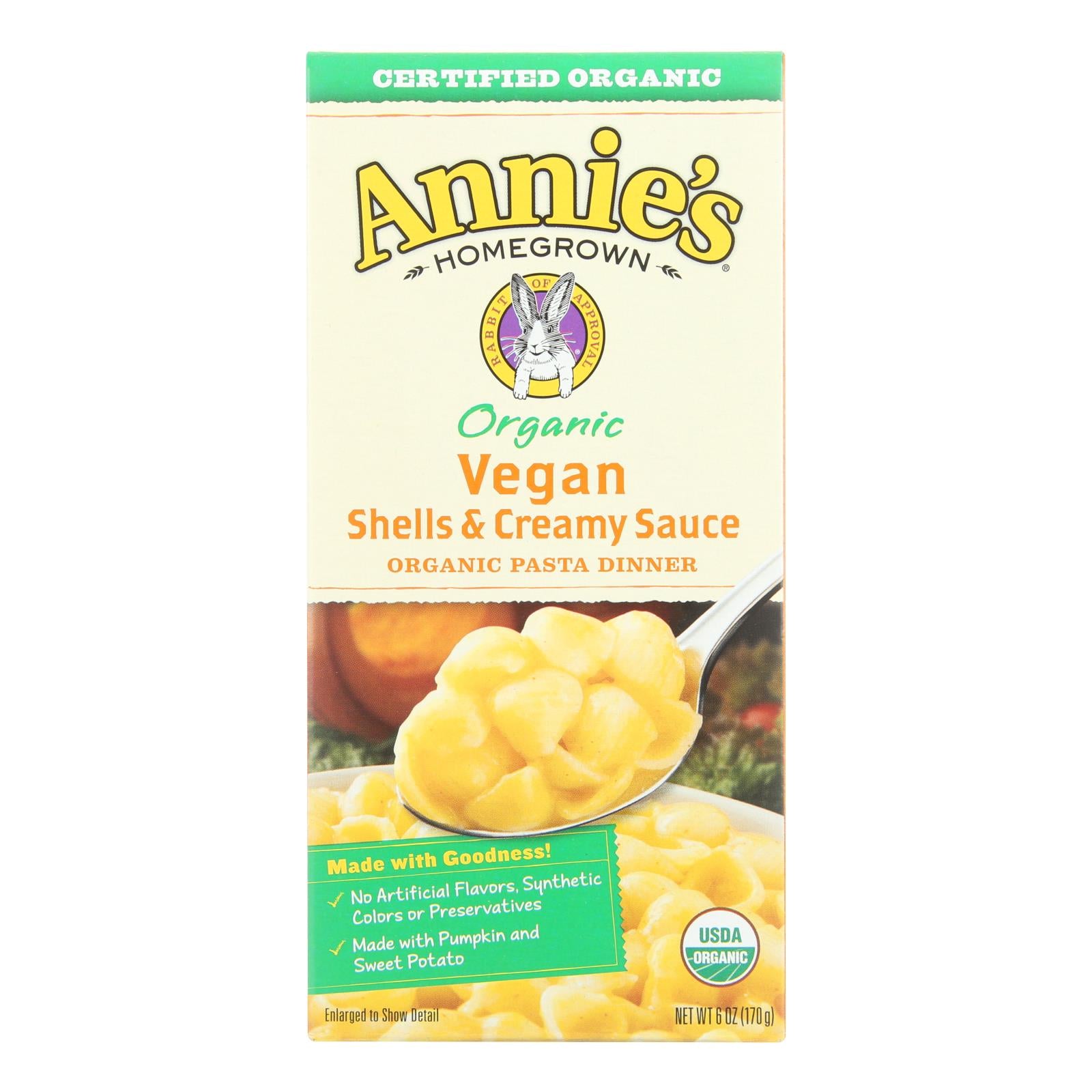 Annie's Homegrown Organic Vegan Shells And Creamy Sauce Pasta Dinner - Case Of 12 - 6 Oz. - Eco-Friendly Home & Grocery