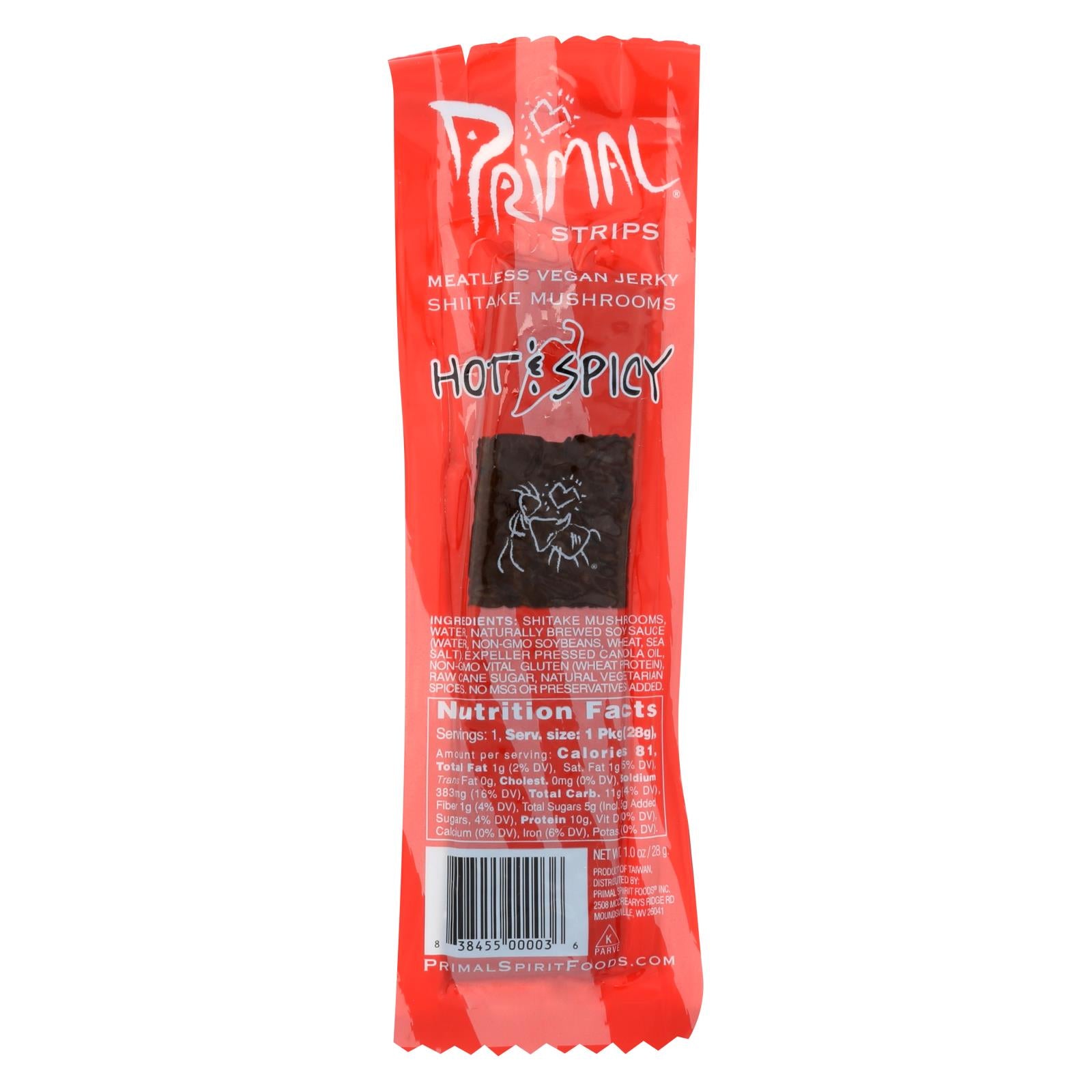 Primal Strips Vegan Jerky - Meatless - Shiitake Mushrooms - Hot And Spicy - 1 Oz - Case Of 24 - GreatEagleInc