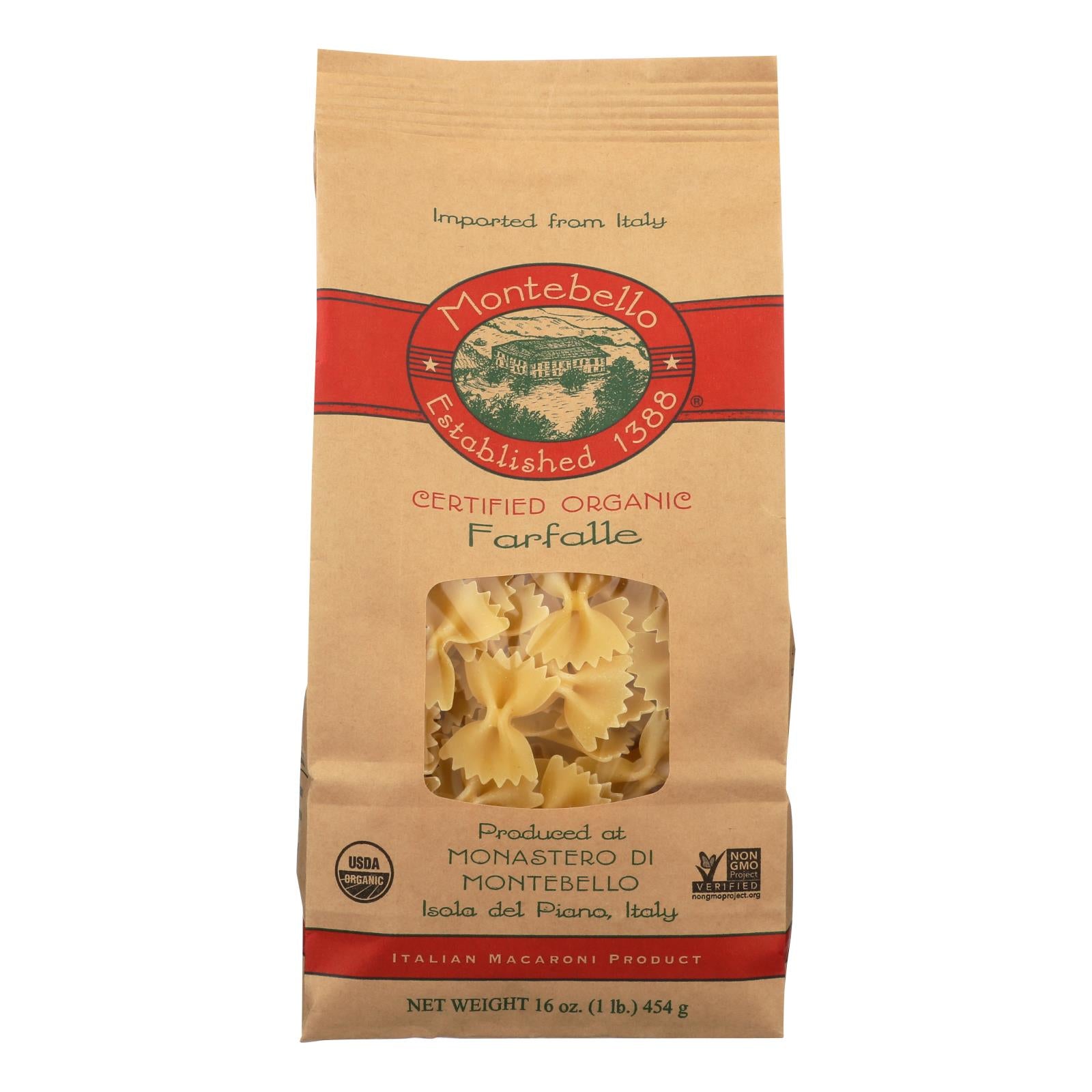 Montebello Organic Pasta - Farfalle - Case Of 12 - 1 Lb. - Eco-Friendly Home & Grocery