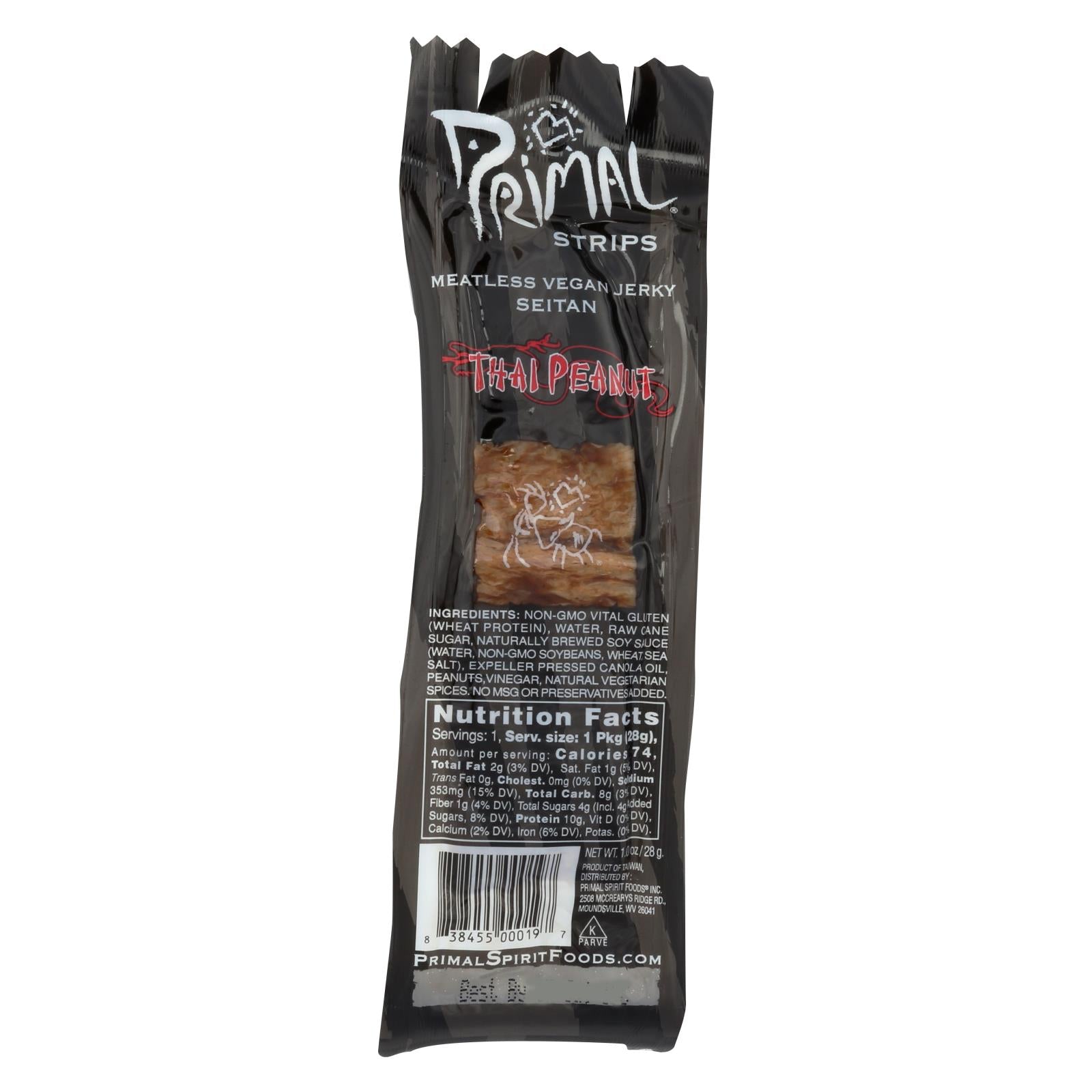Primal Strips Vegan Jerky - Meatless - Seitan - Thai Peanut - 1 Oz - Case Of 24 - GreatEagleInc