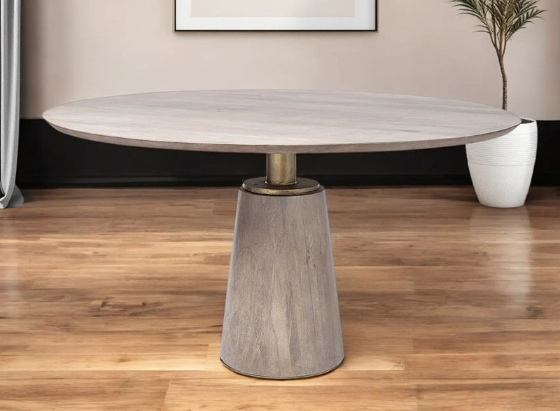 54" Brown And Gold Rounded Solid Wood And Metal Pedestal Base Dining Table Homeroots Kitchen & Dining