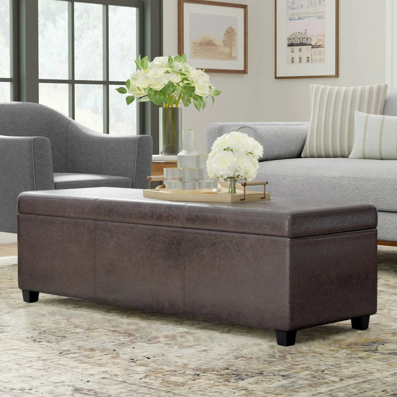 54" Brown and Dark Brown Faux Leather and Solid Wood Upholstered Distressed Storage Bench With Flip Top Homeroots Living Room