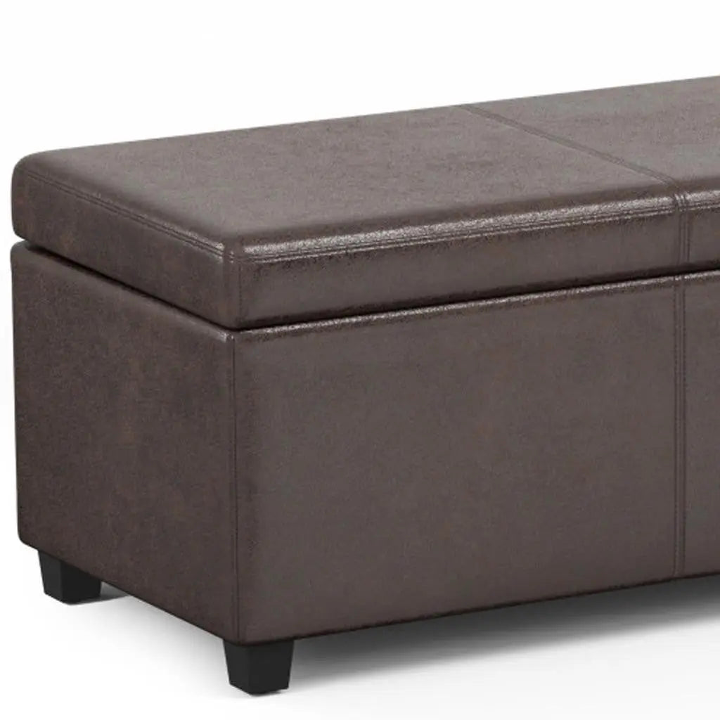 54" Brown and Dark Brown Faux Leather and Solid Wood Upholstered Distressed Storage Bench With Flip Top Homeroots Living Room