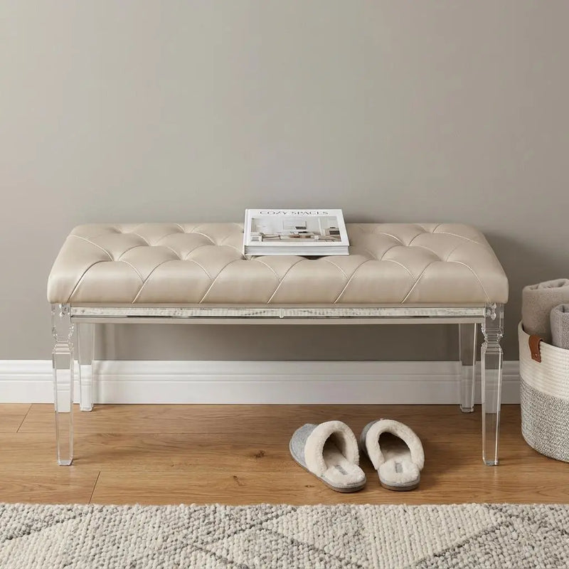 54" Champagne and Clear Upholstered Faux Leather Bench Homeroots Living Room