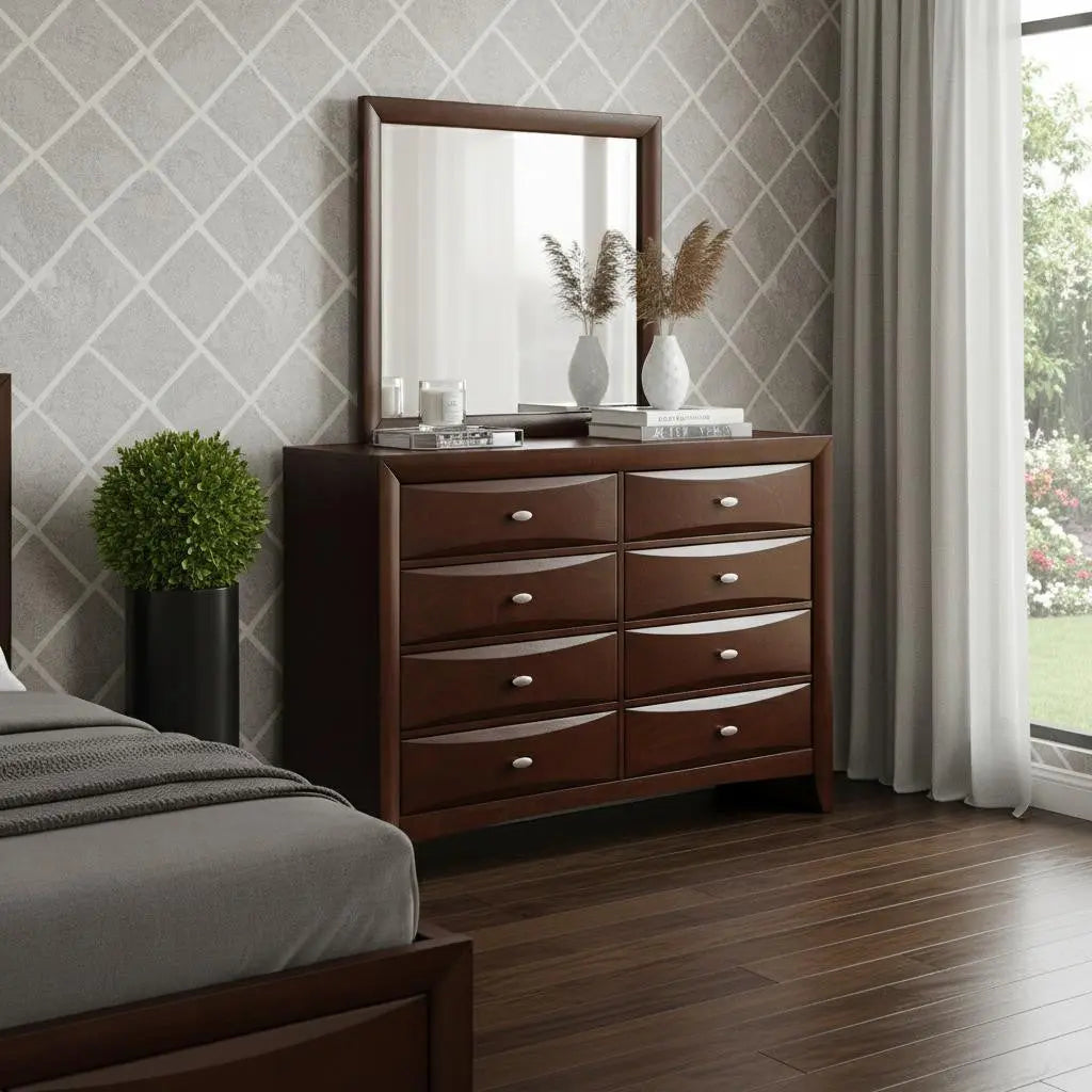 54" Cherry Solid Wood Eight Drawer Double Dresser Homeroots Bed & Bath