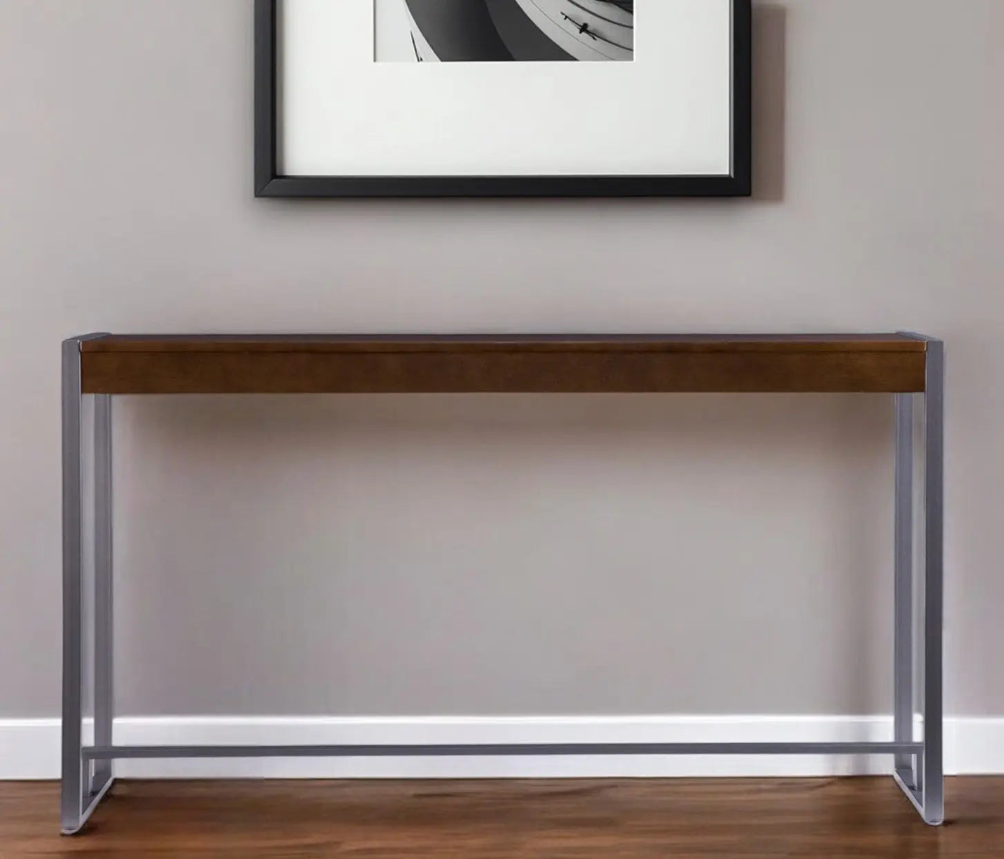 54" Dark Brown and Gunmetal Sled Console Table Homeroots Living Room