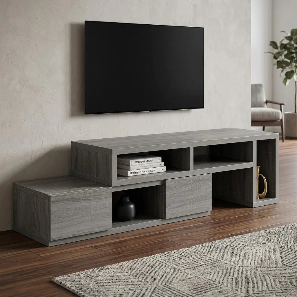 54" Gray Wood Enclosed and Open Storage TV Stand Homeroots Living Room