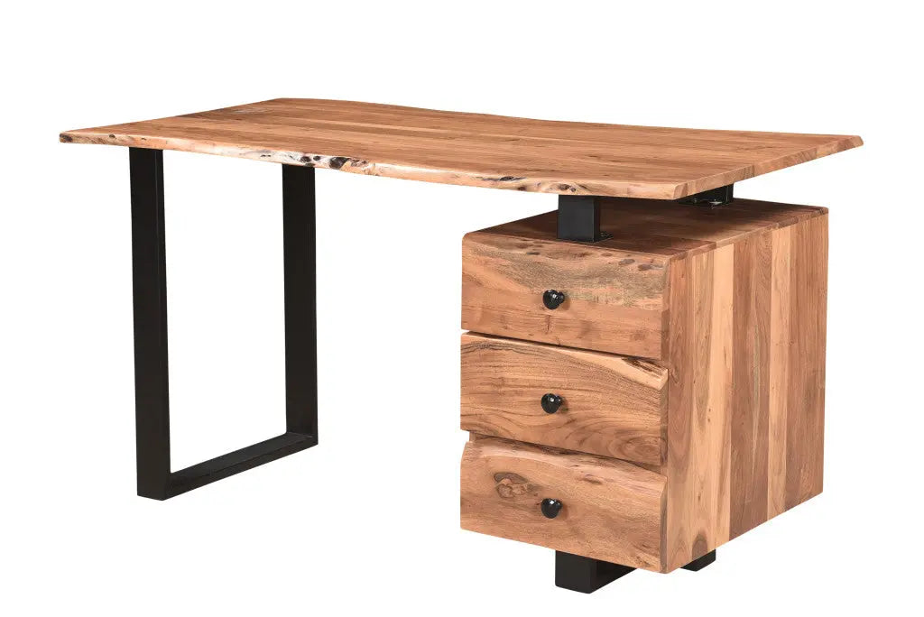 54" Natural and Black Live Edge Solid Wood Writing Desk With Three Drawers Homeroots Office