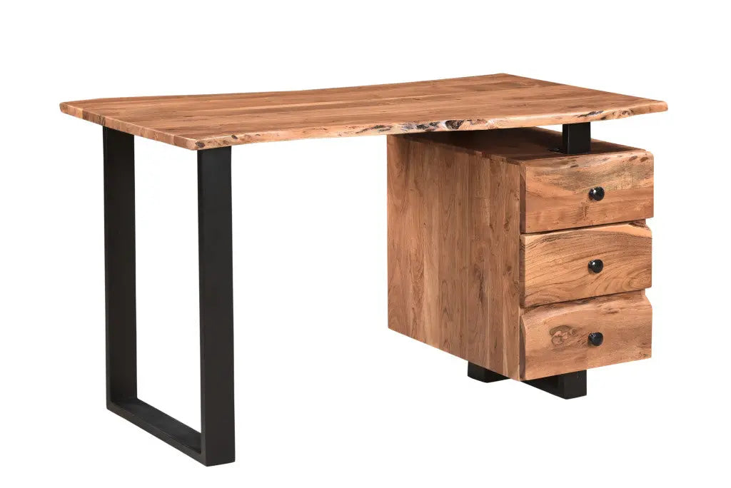 54" Natural and Black Live Edge Solid Wood Writing Desk With Three Drawers Homeroots Office