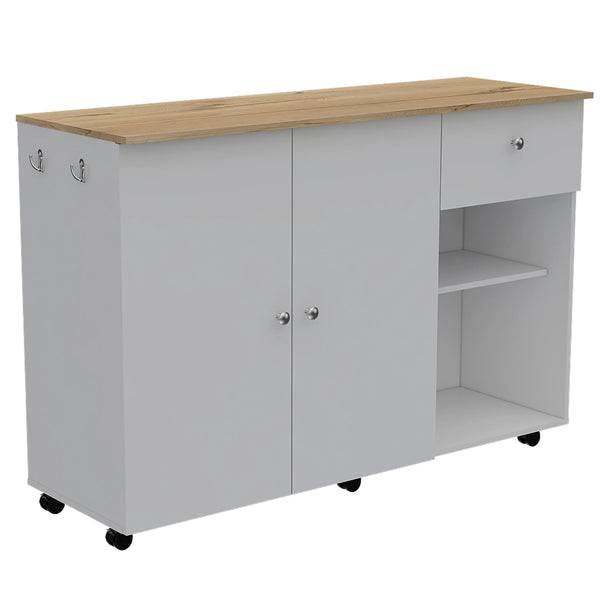 54" Oak and White Wood Flat Door Rolling Kitchen Island Set With Storage Homeroots Kitchen & Dining