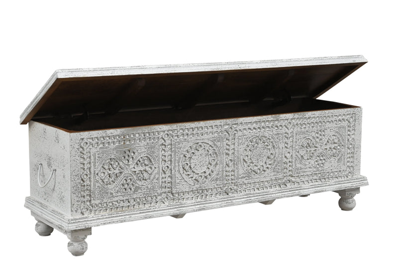 54" White Solid Wood Medallion Storage Ottoman Homeroots Living Room