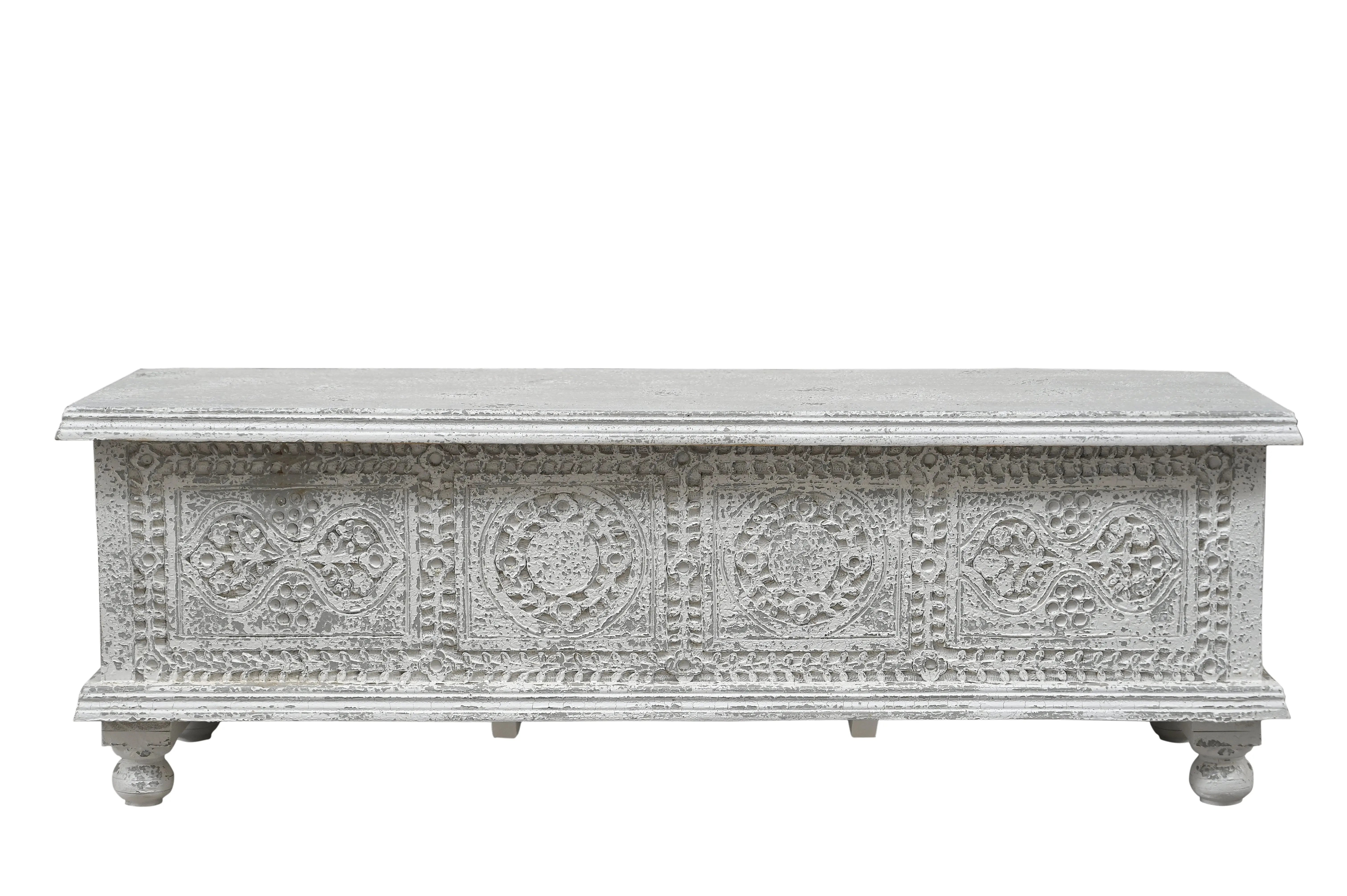 54" White Solid Wood Medallion Storage Ottoman Homeroots Living Room