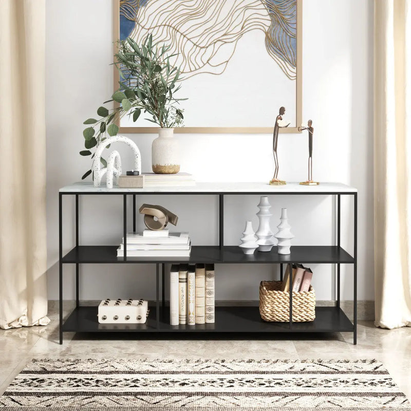 54" White and Black Genuine Marble and Steel Frame Console Table With Two Shelves Homeroots Living Room