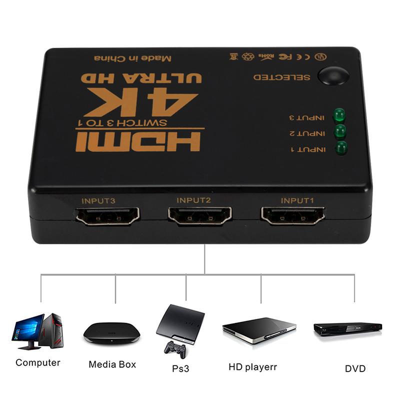 4K/2K/1080P HDMI Splitter 3 input 1 output Port Hub HDMI Video Switch Switcher Box Hub for Display DVD HDTV for Xbox PS3 PS4