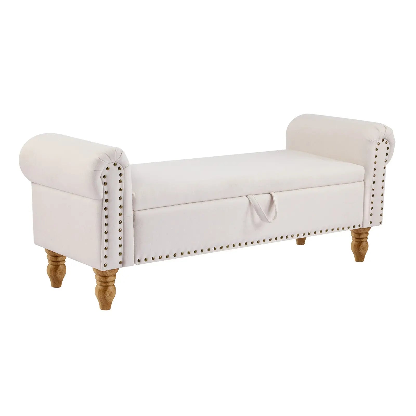 55" Beige and Brown Linen and Solid Wood Upholstered Storage Bench With Flip Top Homeroots Living Room