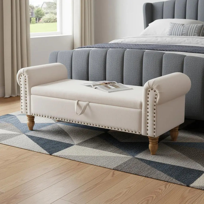 55" Beige and Brown Linen and Solid Wood Upholstered Storage Bench With Flip Top Homeroots Living Room