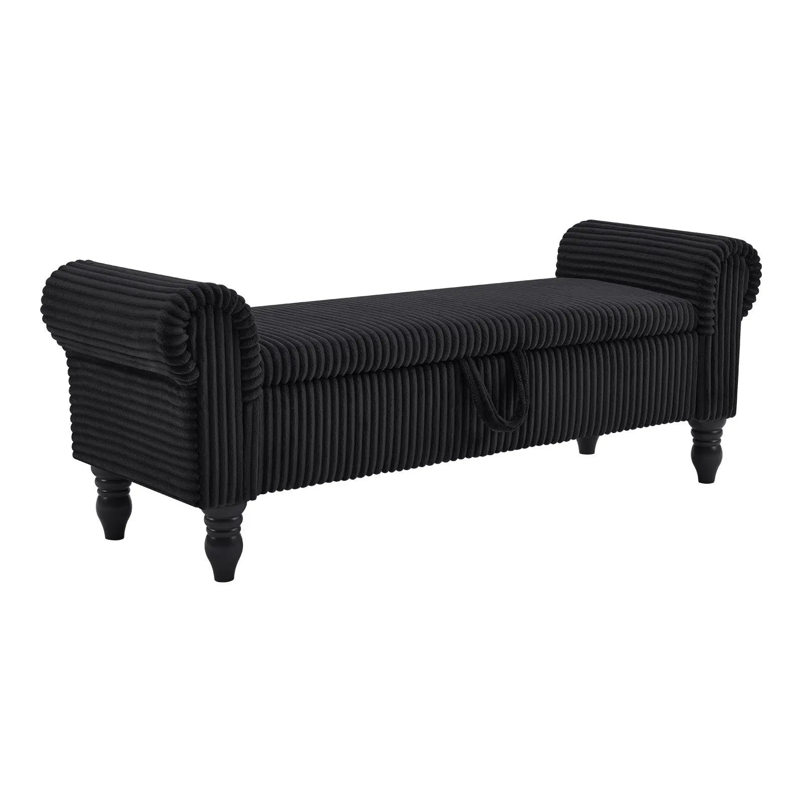 55" Black Corduroy and Solid Wood Upholstered Storage Bench With Flip Top Homeroots Living Room