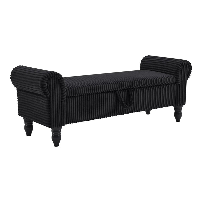 55" Black Corduroy and Solid Wood Upholstered Storage Bench With Flip Top Homeroots Living Room