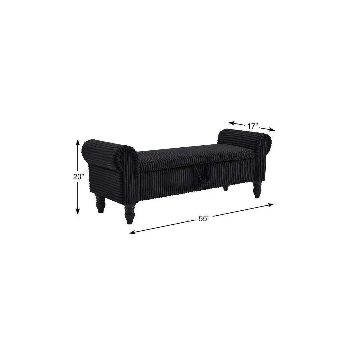 55" Black Corduroy and Solid Wood Upholstered Storage Bench With Flip Top Homeroots Living Room