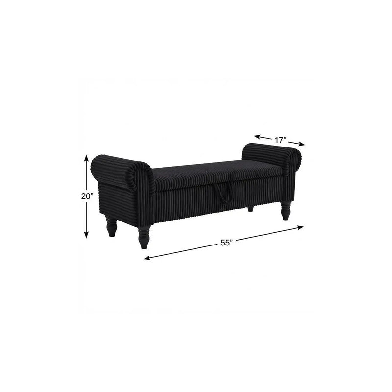 55" Black Corduroy and Solid Wood Upholstered Storage Bench With Flip Top Homeroots Living Room