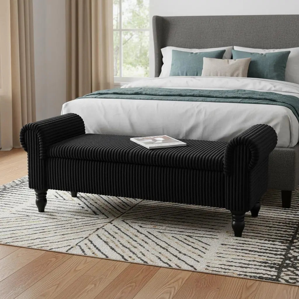 55" Black Corduroy and Solid Wood Upholstered Storage Bench With Flip Top Homeroots Living Room
