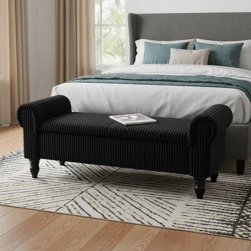 55" Black Corduroy and Solid Wood Upholstered Storage Bench With Flip Top Homeroots Living Room
