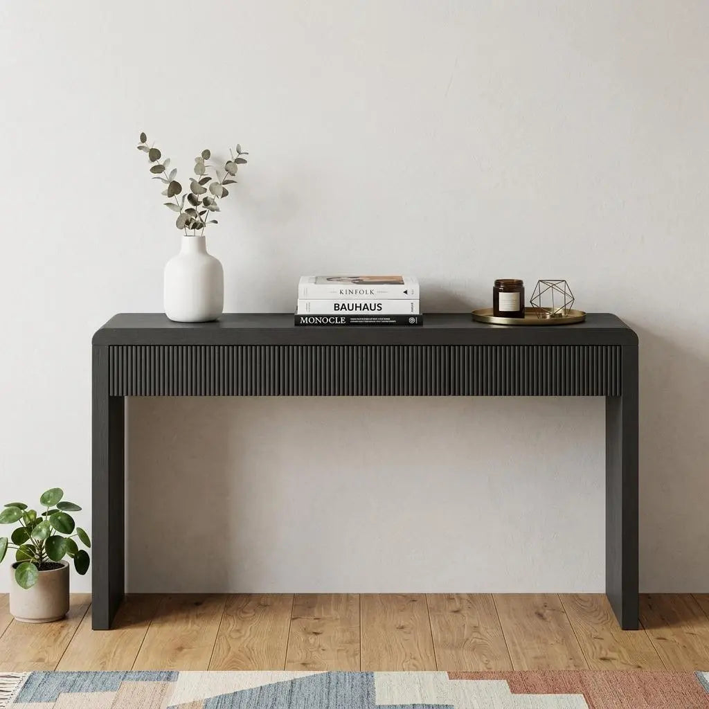 55" Black Wood Double Pedestal Console Table With Three Drawers Homeroots Living Room