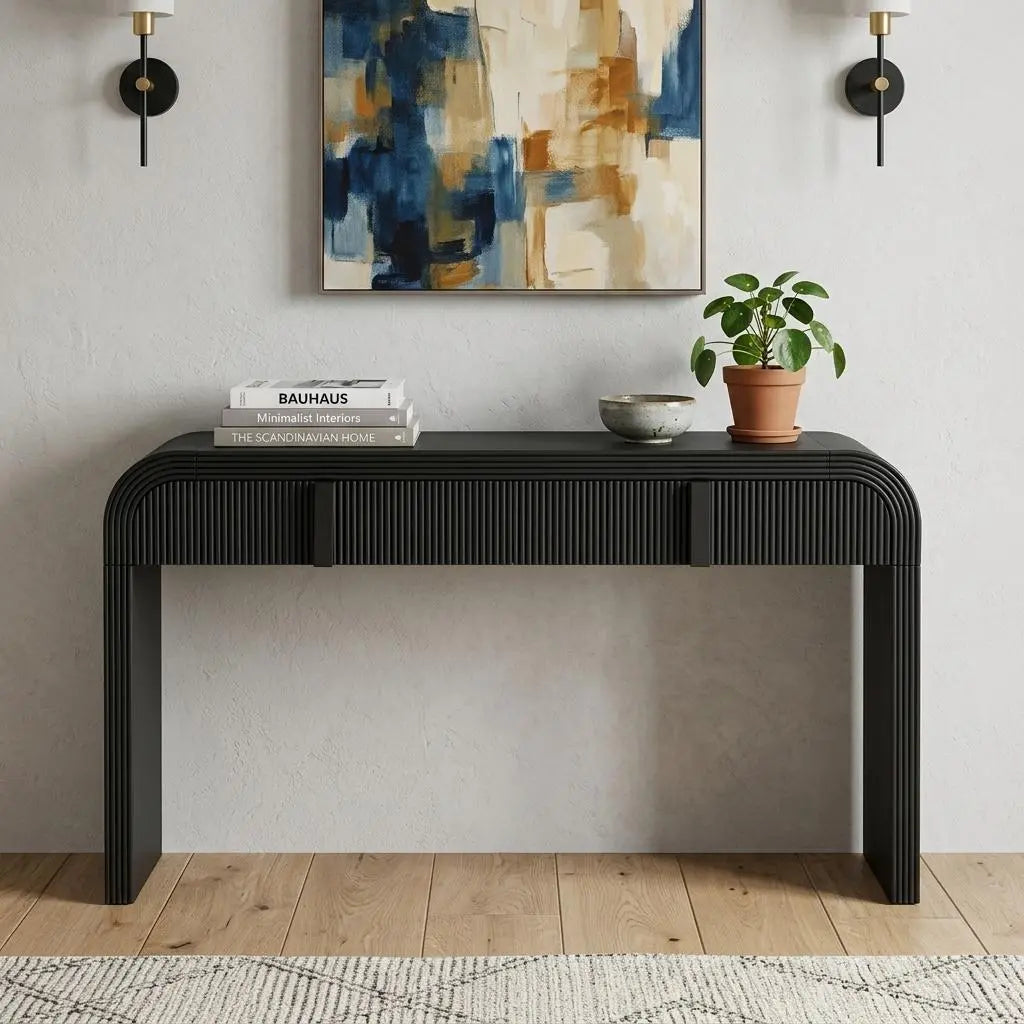 55" Black Wood Double Pedestal Console Table With Two Drawers Homeroots Living Room