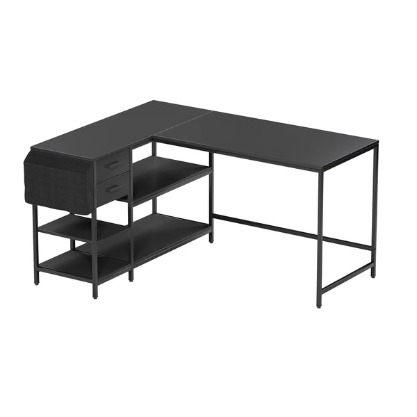 55" Black Wood and Stainless Steel L Shape Computer Desk Homeroots