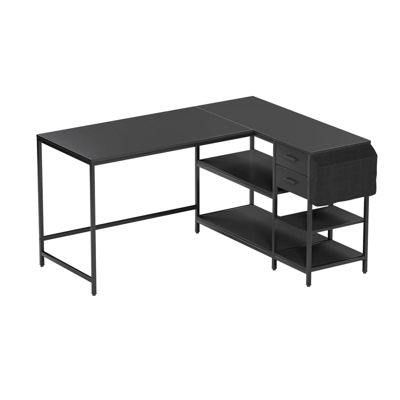 55" Black Wood and Stainless Steel L Shape Computer Desk Homeroots
