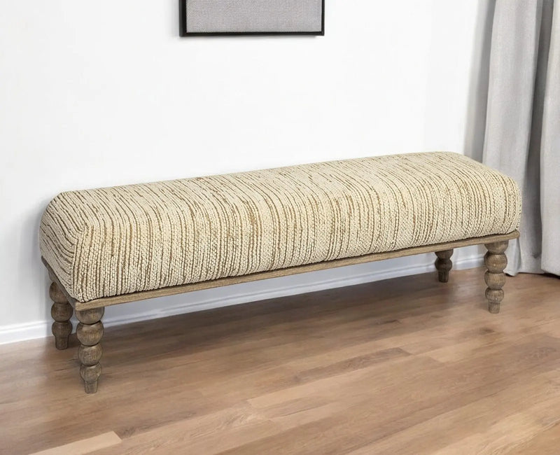 55" Cream and Wood Brown Upholstered Fabric Bench Homeroots Living Room