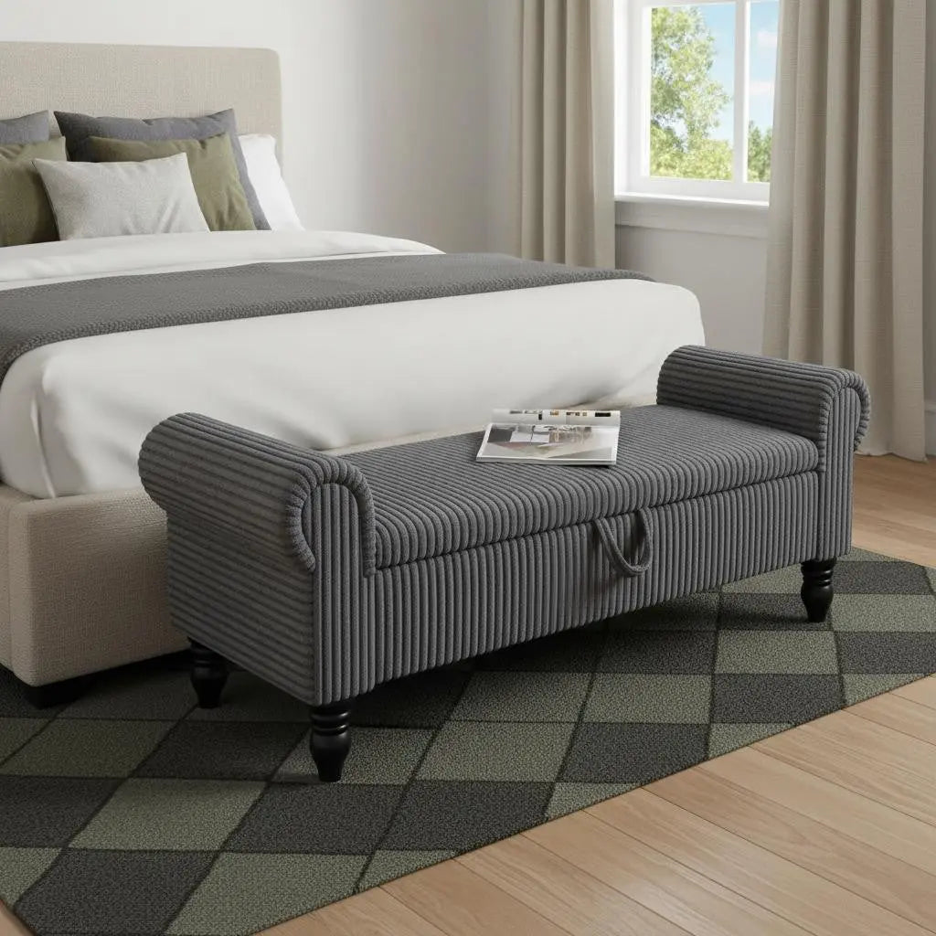 55" Dark Gray Corduroy and Solid Wood Upholstered Storage Bench With Flip Top Homeroots Living Room