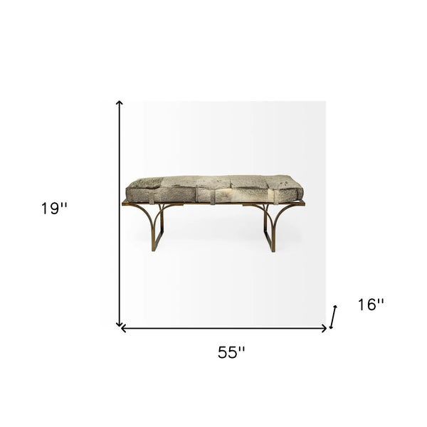55" Gray and Antiqued Brass Faux Fur Upholstery Bench Homeroots Living Room
