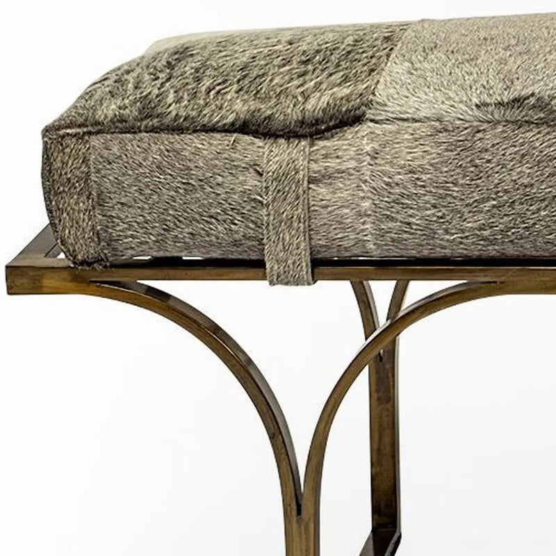 55" Gray and Antiqued Brass Faux Fur Upholstery Bench Homeroots Living Room