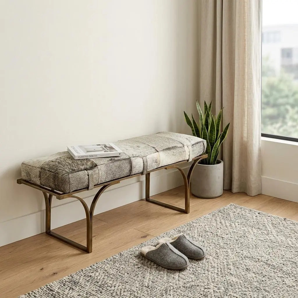 55" Gray and Antiqued Brass Faux Fur Upholstery Bench Homeroots Living Room