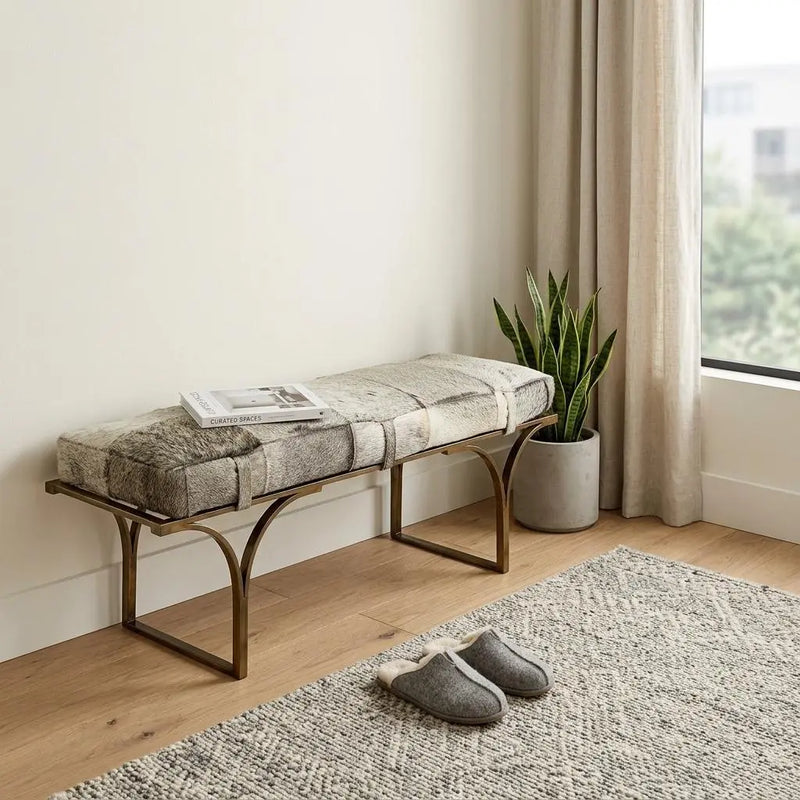 55" Gray and Antiqued Brass Faux Fur Upholstery Bench Homeroots Living Room