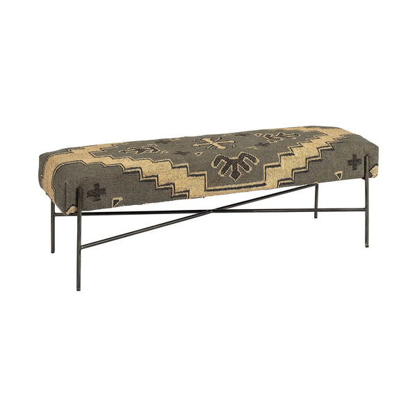 55" Green Brown and Black Upholstered Abstract Cotton Blend Bench Homeroots Living Room