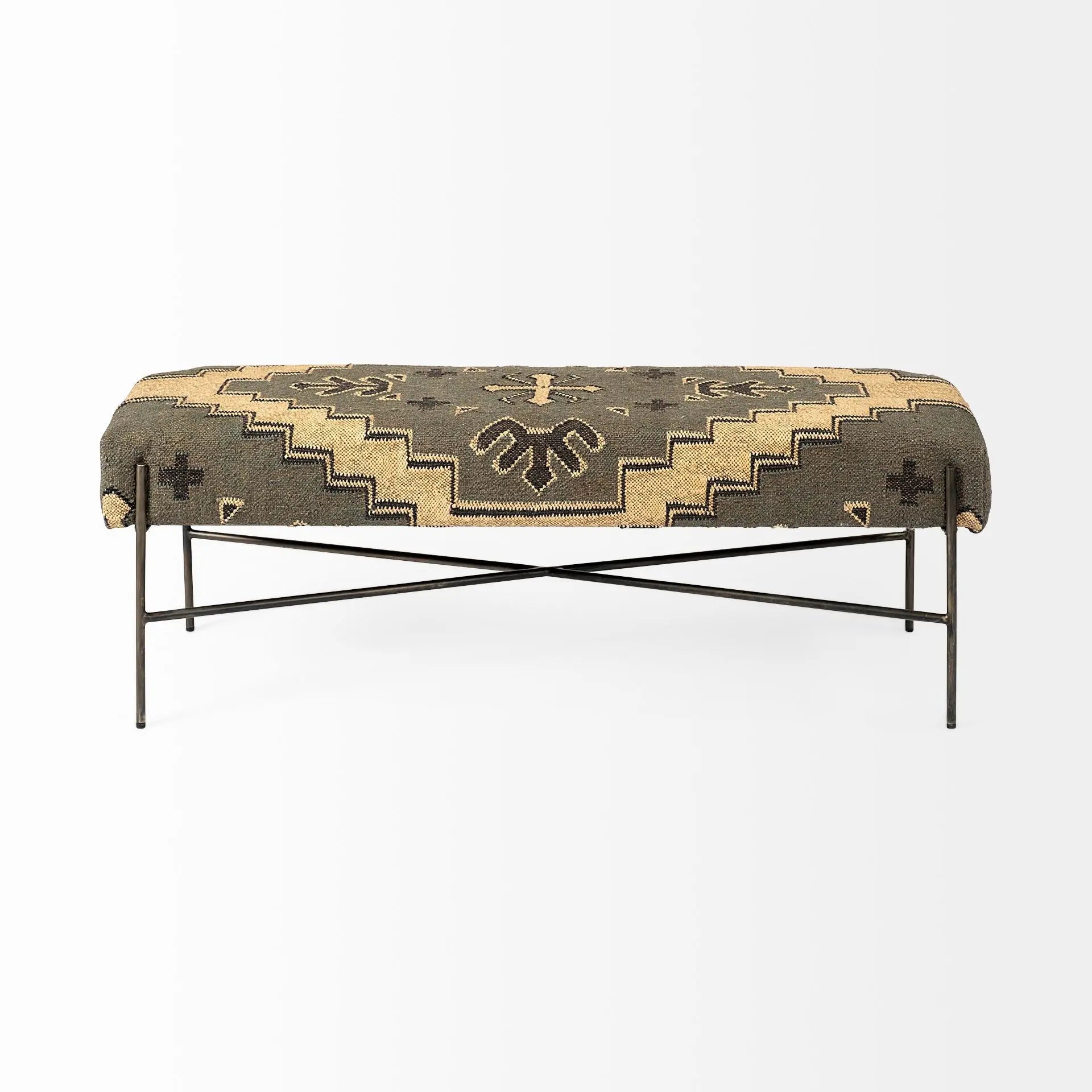 55" Green Brown and Black Upholstered Abstract Cotton Blend Bench Homeroots Living Room