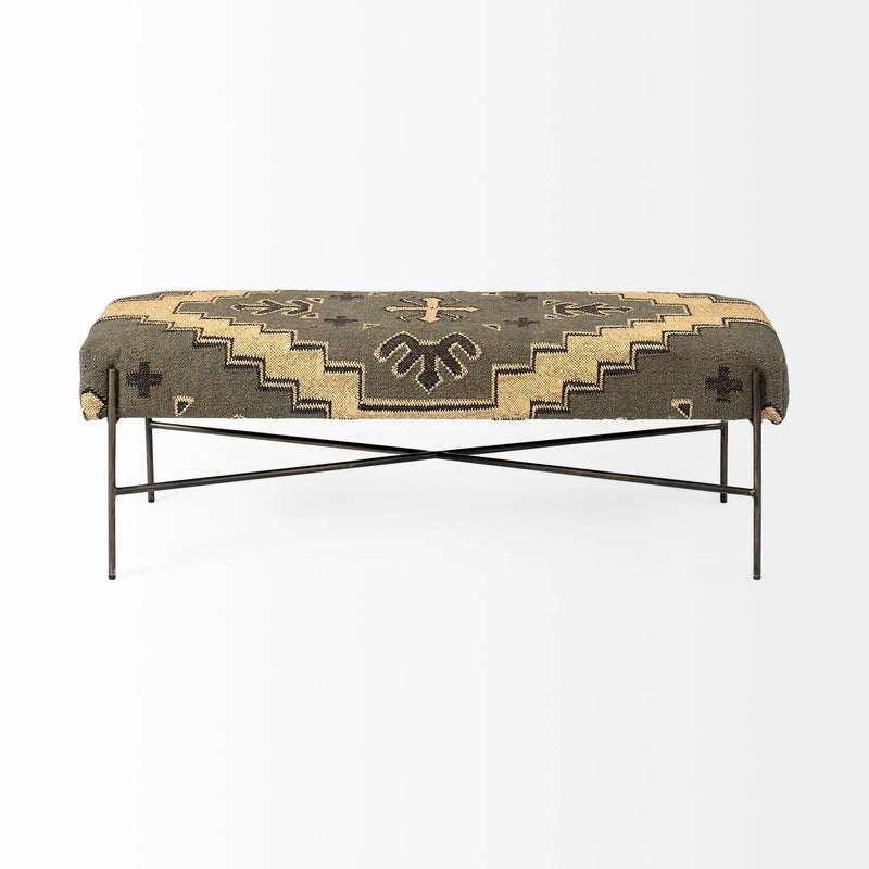 55" Green Brown and Black Upholstered Abstract Cotton Blend Bench Homeroots Living Room