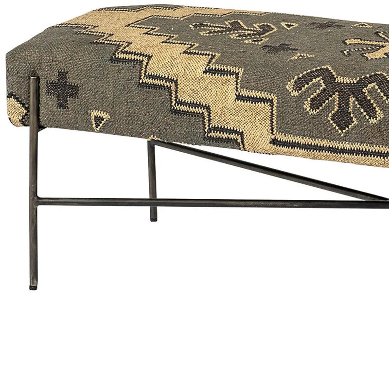 55" Green Brown and Black Upholstered Abstract Cotton Blend Bench Homeroots Living Room