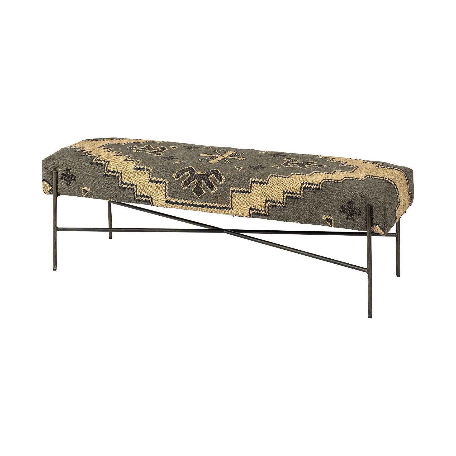 55" Green Brown and Black Upholstered Abstract Cotton Blend Bench Homeroots Living Room