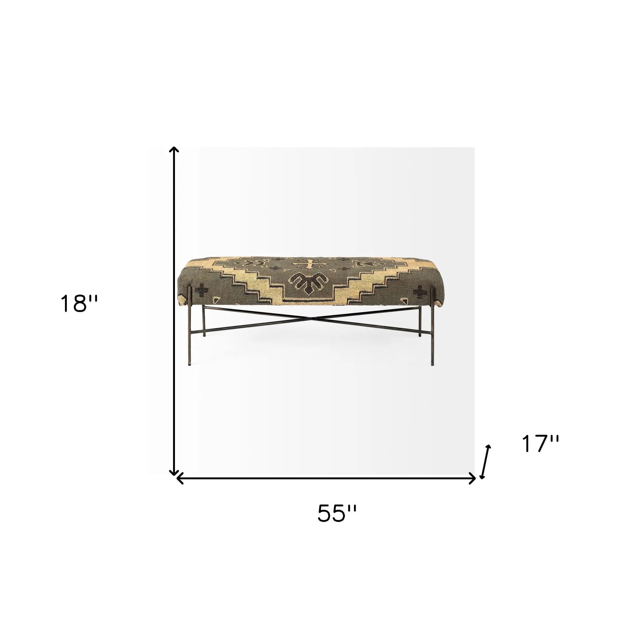 55" Green Brown and Black Upholstered Abstract Cotton Blend Bench Homeroots Living Room